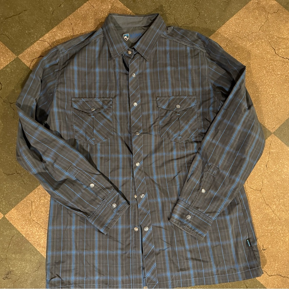 Blue and Gray Kühl Plaid Button-Up Shirt